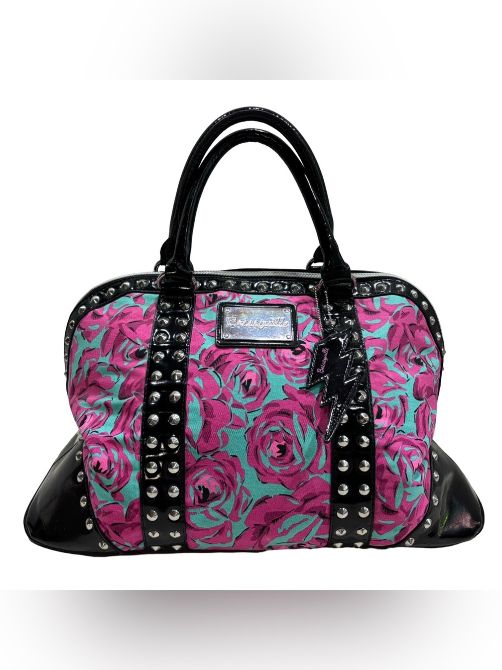Betseyville Betsey Johnson Pink Floral Studded Satchel Roses Travel Bag Y2K